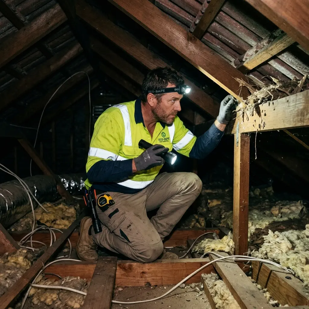 Technician inspecting a Brookfield roof cavity for a dead possum